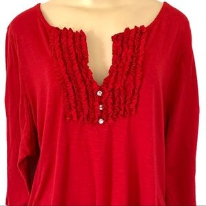 Pennington’s PLUS 2X Red Ruffle Gem Jewel Embellished V Neck Tee Top Shirt